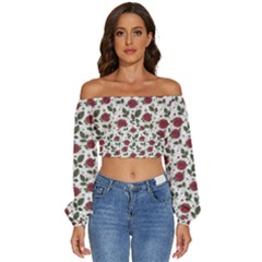 Roses Flowers Leaves Pattern Scrapbook Paper Floral Background Long Sleeve Crinkled Weave Crop Top