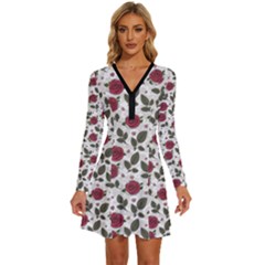 Roses Flowers Leaves Pattern Scrapbook Paper Floral Background Long Sleeve Deep V Mini Dress 