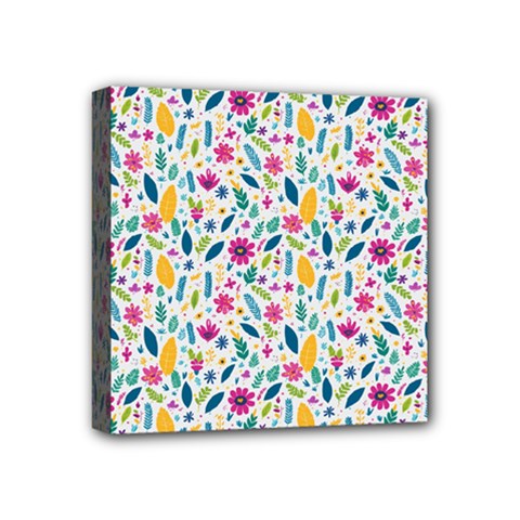 Background Pattern Leaves Pink Flowers Spring Yellow Leaves Mini Canvas 4  X 4  (stretched)