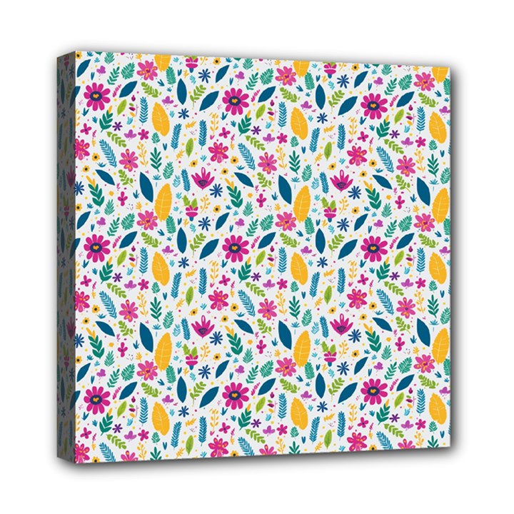 Background Pattern Leaves Pink Flowers Spring Yellow Leaves Mini Canvas 8  x 8  (Stretched)