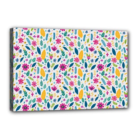 Background Pattern Leaves Pink Flowers Spring Yellow Leaves Canvas 18  X 12  (stretched) by Maspions