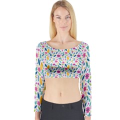 Background Pattern Leaves Pink Flowers Spring Yellow Leaves Long Sleeve Crop Top