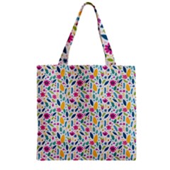 Background Pattern Leaves Pink Flowers Spring Yellow Leaves Zipper Grocery Tote Bag