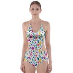 Background Pattern Leaves Pink Flowers Spring Yellow Leaves Cut-out One Piece Swimsuit