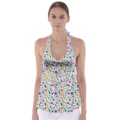 Background Pattern Leaves Pink Flowers Spring Yellow Leaves Tie Back Tankini Top