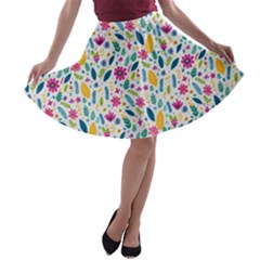 Background Pattern Leaves Pink Flowers Spring Yellow Leaves A-line Skater Skirt