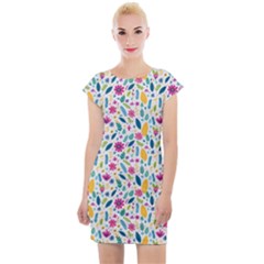 Background Pattern Leaves Pink Flowers Spring Yellow Leaves Cap Sleeve Bodycon Dress