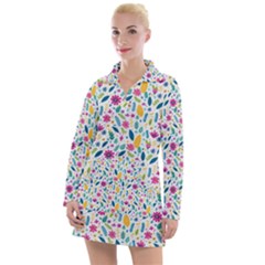 Background Pattern Leaves Pink Flowers Spring Yellow Leaves Women s Long Sleeve Casual Dress