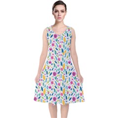 Background Pattern Leaves Pink Flowers Spring Yellow Leaves V-neck Midi Sleeveless Dress 