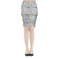 Background Pattern Leaves Pink Flowers Spring Yellow Leaves Midi Wrap Pencil Skirt