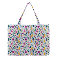 Background Pattern Leaves Pink Flowers Spring Yellow Leaves Medium Tote Bag