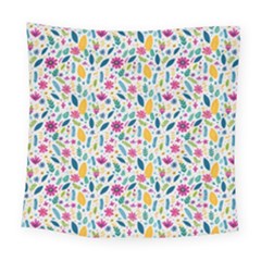 Background Pattern Leaves Pink Flowers Spring Yellow Leaves Square Tapestry (large)