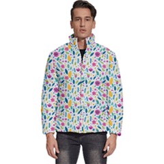 Background Pattern Leaves Pink Flowers Spring Yellow Leaves Men s Puffer Bubble Jacket Coat by Maspions