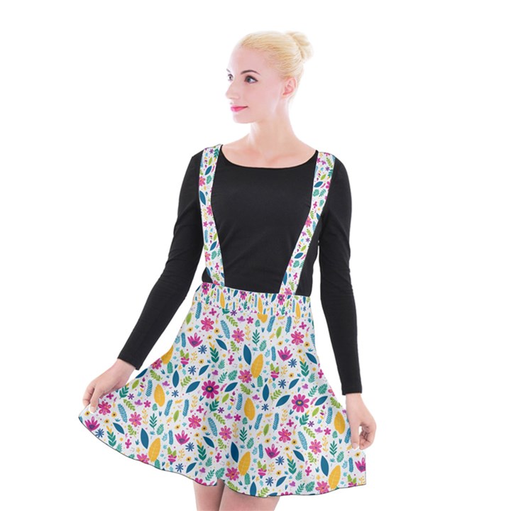 Background Pattern Leaves Pink Flowers Spring Yellow Leaves Suspender Skater Skirt