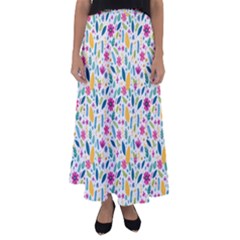 Background Pattern Leaves Pink Flowers Spring Yellow Leaves Flared Maxi Skirt