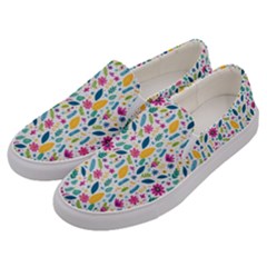 Background Pattern Leaves Pink Flowers Spring Yellow Leaves Men s Canvas Slip Ons