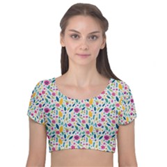 Background Pattern Leaves Pink Flowers Spring Yellow Leaves Velvet Short Sleeve Crop Top 