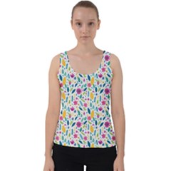 Background Pattern Leaves Pink Flowers Spring Yellow Leaves Velvet Tank Top