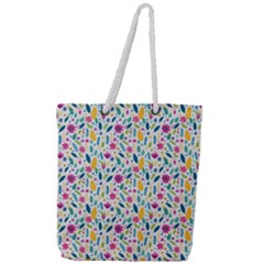 Background Pattern Leaves Pink Flowers Spring Yellow Leaves Full Print Rope Handle Tote (large)