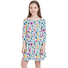 Background Pattern Leaves Pink Flowers Spring Yellow Leaves Kids  Quarter Sleeve Skater Dress