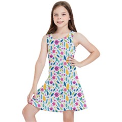 Background Pattern Leaves Pink Flowers Spring Yellow Leaves Kids  Lightweight Sleeveless Dress by Maspions