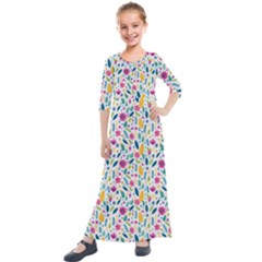 Background Pattern Leaves Pink Flowers Spring Yellow Leaves Kids  Quarter Sleeve Maxi Dress