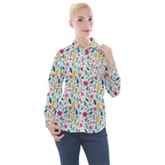 Background Pattern Leaves Pink Flowers Spring Yellow Leaves Women s Long Sleeve Pocket Shirt