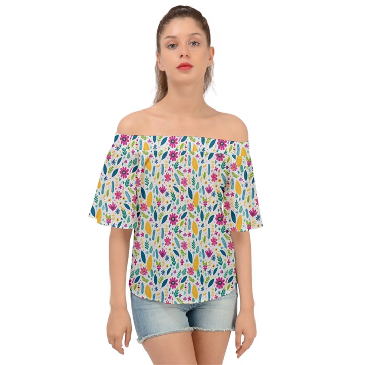 Background Pattern Leaves Pink Flowers Spring Yellow Leaves Off Shoulder Short Sleeve Top