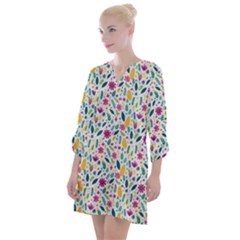 Background Pattern Leaves Pink Flowers Spring Yellow Leaves Open Neck Shift Dress