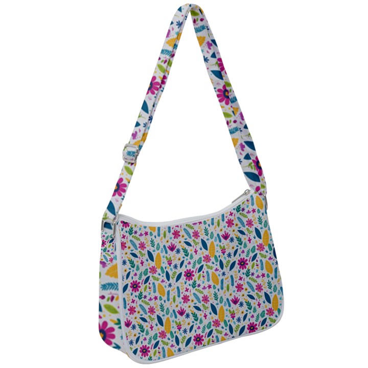 Background Pattern Leaves Pink Flowers Spring Yellow Leaves Zip Up Shoulder Bag