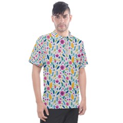 Background Pattern Leaves Pink Flowers Spring Yellow Leaves Men s Polo T-shirt