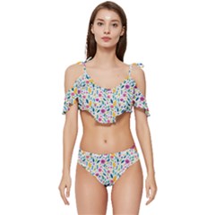 Background Pattern Leaves Pink Flowers Spring Yellow Leaves Ruffle Edge Tie Up Bikini Set	