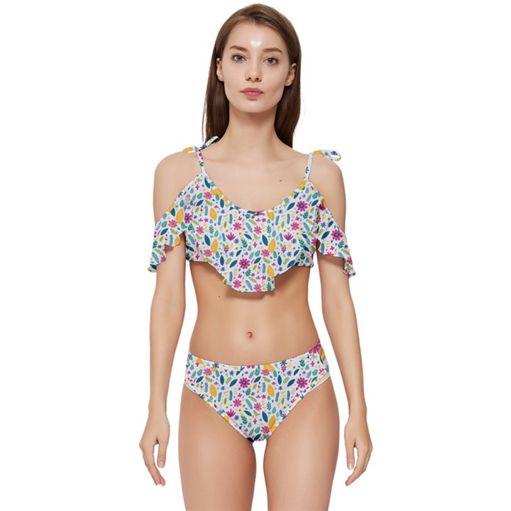 Background Pattern Leaves Pink Flowers Spring Yellow Leaves Ruffle Edge Tie Up Bikini Set	