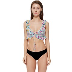 Background Pattern Leaves Pink Flowers Spring Yellow Leaves Low Cut Ruffle Edge Bikini Top by Maspions