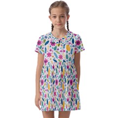 Background Pattern Leaves Pink Flowers Spring Yellow Leaves Kids  Asymmetric Collar Dress