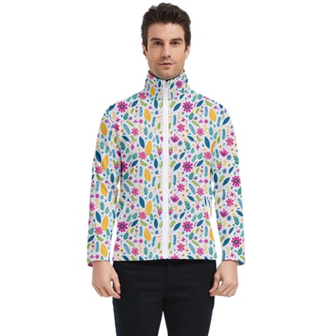 Background Pattern Leaves Pink Flowers Spring Yellow Leaves Men s Bomber Jacket by Maspions