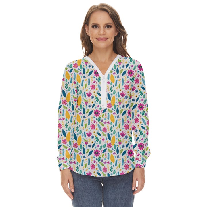 Background Pattern Leaves Pink Flowers Spring Yellow Leaves Zip Up Long Sleeve Blouse