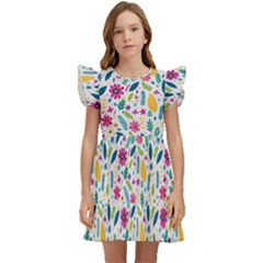 Background Pattern Leaves Pink Flowers Spring Yellow Leaves Kids  Winged Sleeve Dress