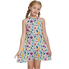 Background Pattern Leaves Pink Flowers Spring Yellow Leaves Kids  Halter Collar Waist Tie Chiffon Dress