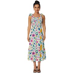 Background Pattern Leaves Pink Flowers Spring Yellow Leaves Tie-strap Tiered Midi Chiffon Dress