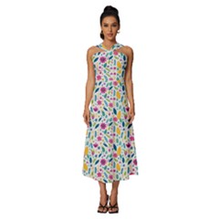 Background Pattern Leaves Pink Flowers Spring Yellow Leaves Sleeveless Cross Front Cocktail Midi Chiffon Dress