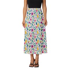 Background Pattern Leaves Pink Flowers Spring Yellow Leaves Classic Midi Chiffon Skirt