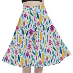 Background Pattern Leaves Pink Flowers Spring Yellow Leaves A-line Full Circle Midi Skirt With Pocket by Maspions