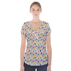 Floral Flowers Leaves Tropical Pattern Short Sleeve Front Detail Top