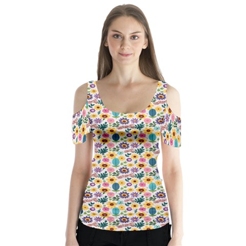 Floral Flowers Leaves Tropical Pattern Butterfly Sleeve Cutout T-shirt  by Maspions