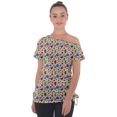 Floral Flowers Leaves Tropical Pattern Off Shoulder Tie-up T-shirt by Maspions