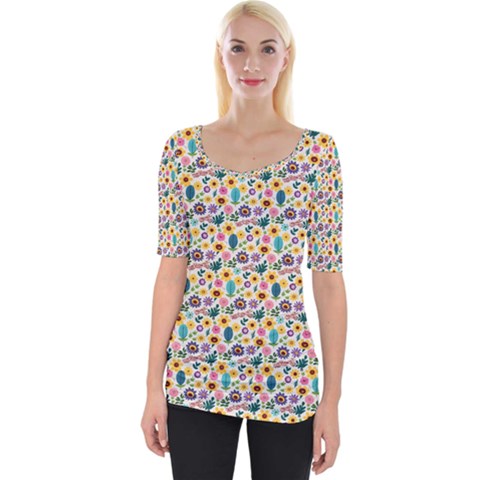 Floral Flowers Leaves Tropical Pattern Wide Neckline T-shirt by Maspions