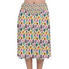 Floral Flowers Leaves Tropical Pattern Velvet Flared Midi Skirt