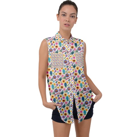 Floral Flowers Leaves Tropical Pattern Sleeveless Chiffon Button Shirt by Maspions