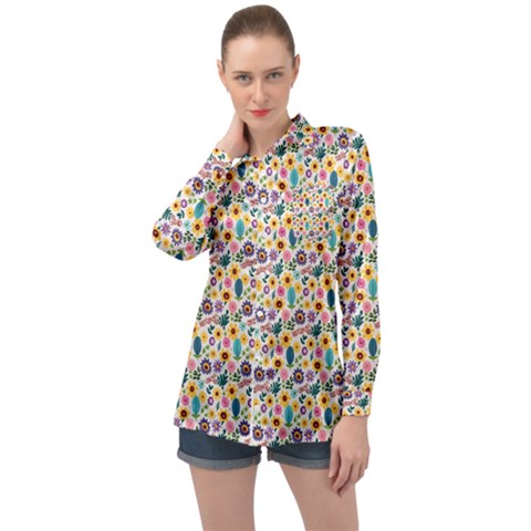 Floral Flowers Leaves Tropical Pattern Long Sleeve Satin Shirt by Maspions